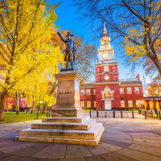 Historical statue in front of Independence Hall in Old City, Philadelphia